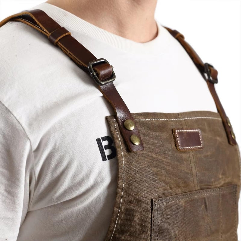 Midkit Store One Size Fits Utility Apron Adjustable Cross-Back Straps Multi-Use Portable Waxed Canvas Aprons With 5 Tool Pockets - Image 3
